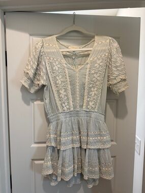 LoveShackFancy Cream and Light Blue Embroidered Mini Dress